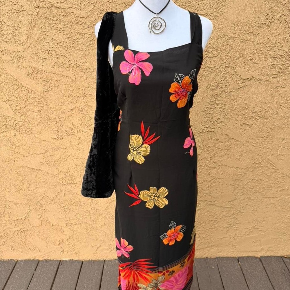 Vintage Black floral midi dress with square neckline.